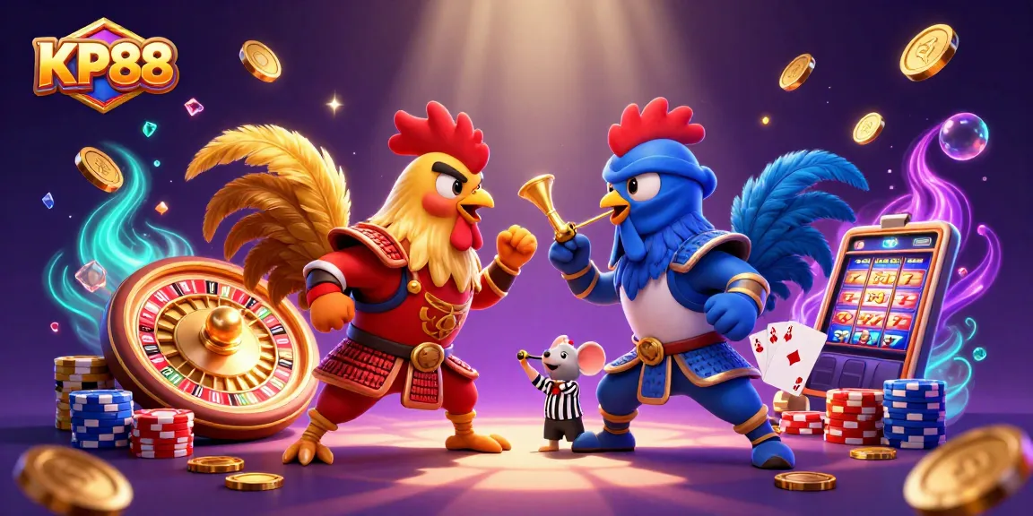 Experience an exciting standoff between KP88's fierce roosters in a vibrant casino battle of luck and skill.