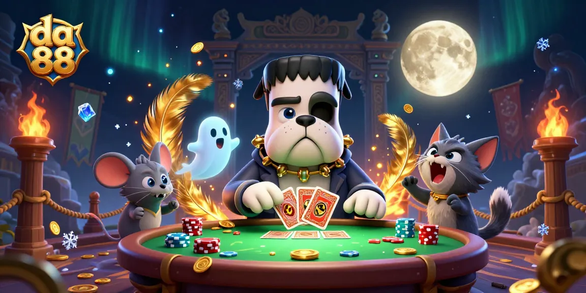 Join the fun at da 88 with Frankenstein bulldog dealer, ghost mouse, and werewolf kitten in a dynamic casino scene.