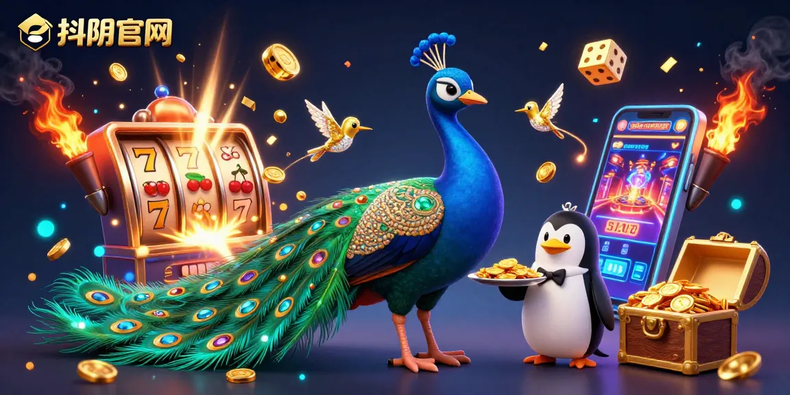 Engage with 抖阴官网 through vibrant slot games, showcasing an enchanting 3D scene of peacock, penguin, and hummingbird.