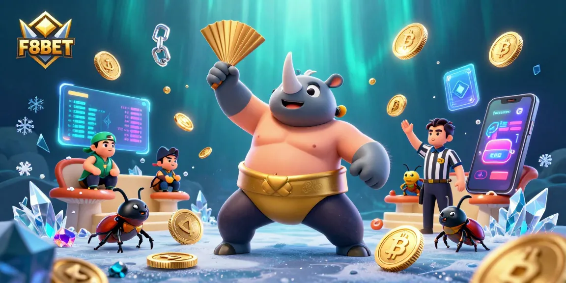 Experience thrilling gameplay at F8BET with a dynamic illustration of a sumo champion beetle and crypto elements.