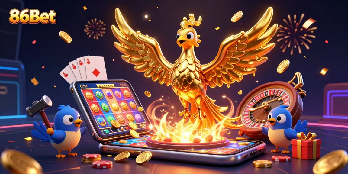 Experience 86Bet's thrilling gaming with a molten phoenix and vibrant casino elements.
