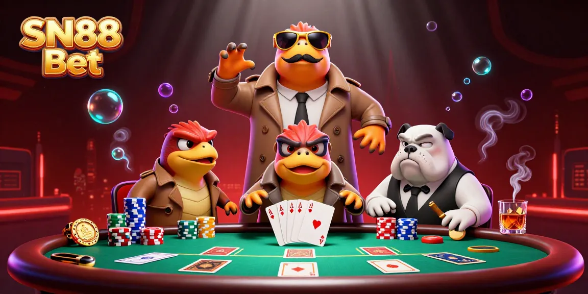 Experience the excitement of SN88 Bet with vibrant casino action featuring cartoon raptors and high-stakes poker.