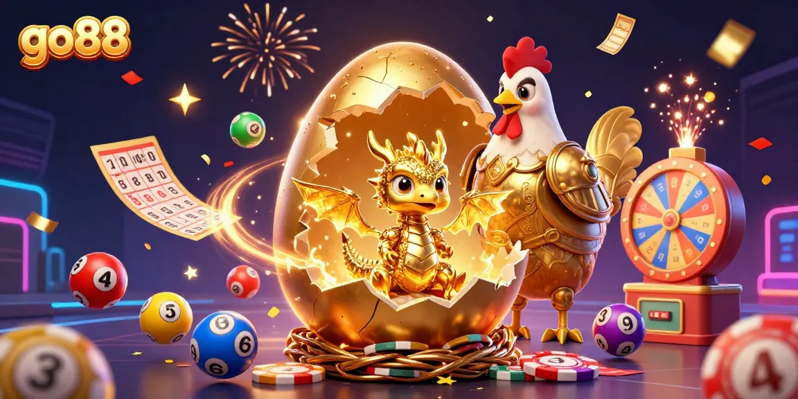 Win big at go88 with a vibrant casino scene featuring a golden baby dragon and lottery elements.