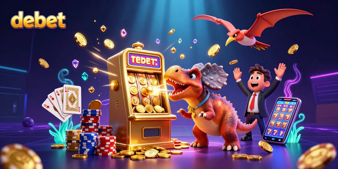 Debet engages in lively casino activity with dinosaurs, showcasing dynamic gaming elements and bonuses.