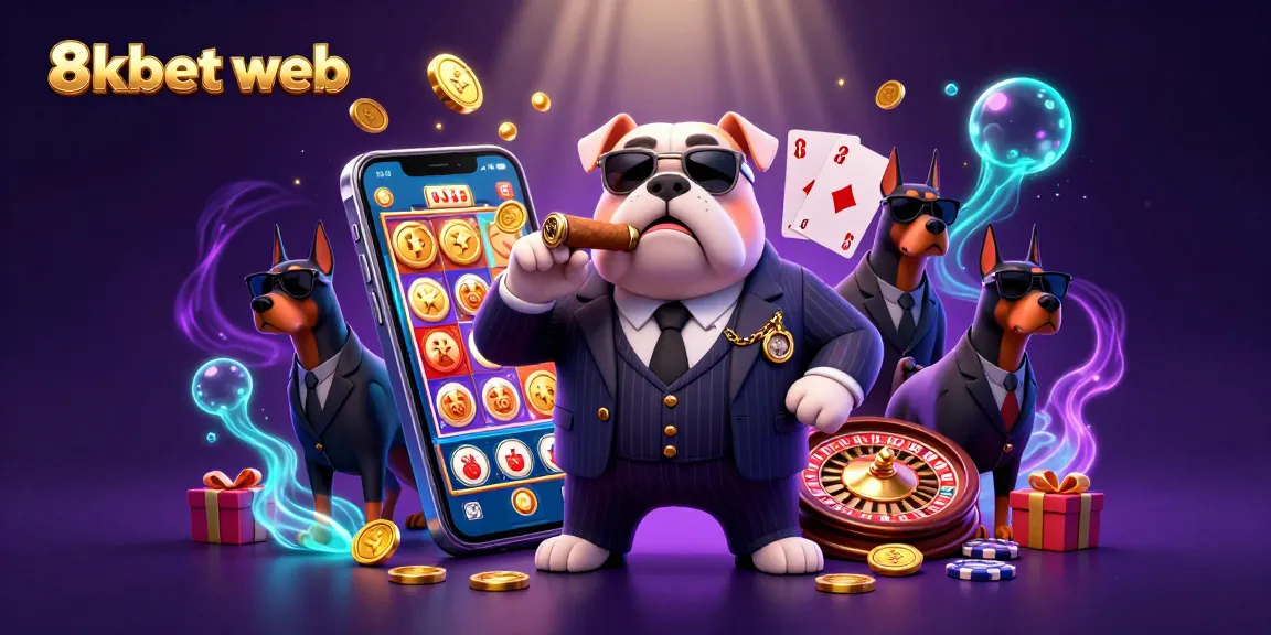 Experience the excitement of 8xbet web with a vibrant casino scene featuring a mafia bulldog and Dobermans.