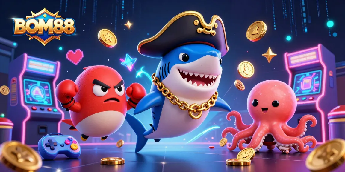 BOM88 casino adventure featuring fun characters like a shark captain and a treasure-holding octopus.