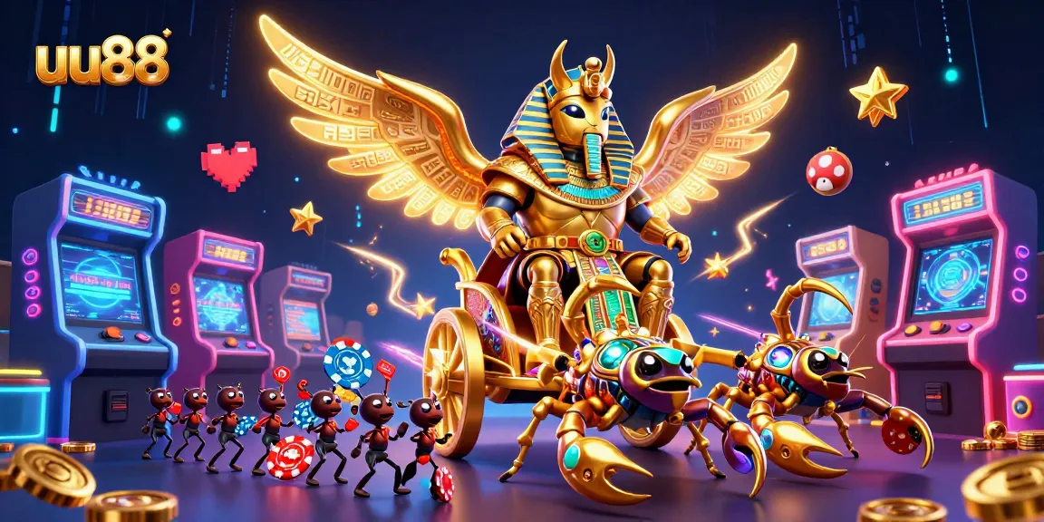 Experience winning strategies with uu88 at this vibrant casino scene featuring colorful game elements and characters.