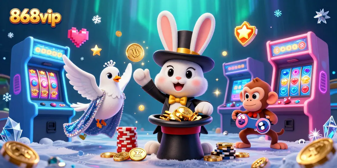 Engage in thrilling casino experiences with 868vip featuring magical scenes of a rabbit, dove, and monkey.