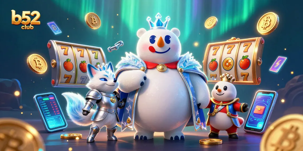 Win big with b52club's vibrant slots, featuring a polar bear and snow fox in a dynamic casino scene.
