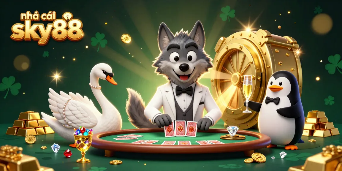 Join the excitement at nhà cái sky88 with a captivating 3D casino scene featuring dynamic characters and treasures.