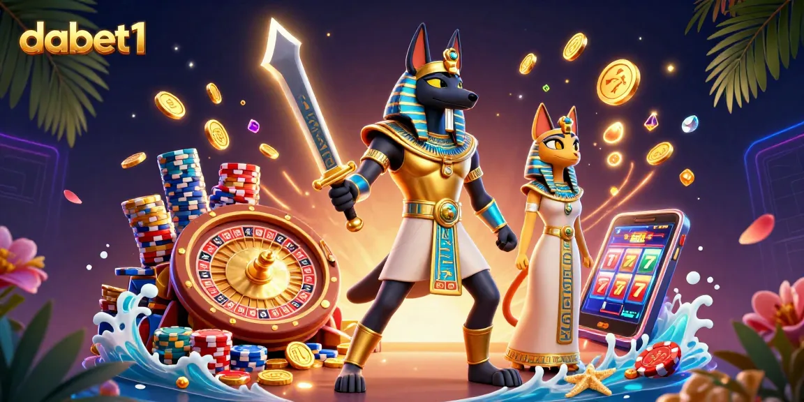 Win with dabet1 in an epic Egyptian-themed casino scene filled with gold coins and vibrant gaming elements.