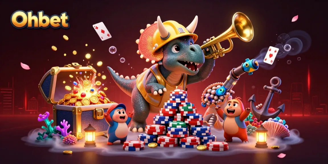 Oxbet promotes thrilling casino adventures with cartoon dinosaurs cheering as poker chips pile up.