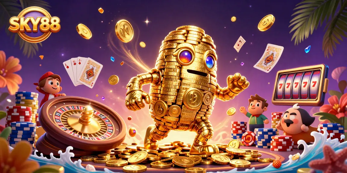 Engage with SKY88's vibrant casino scene featuring a golden golem among glamorous gambling elements.