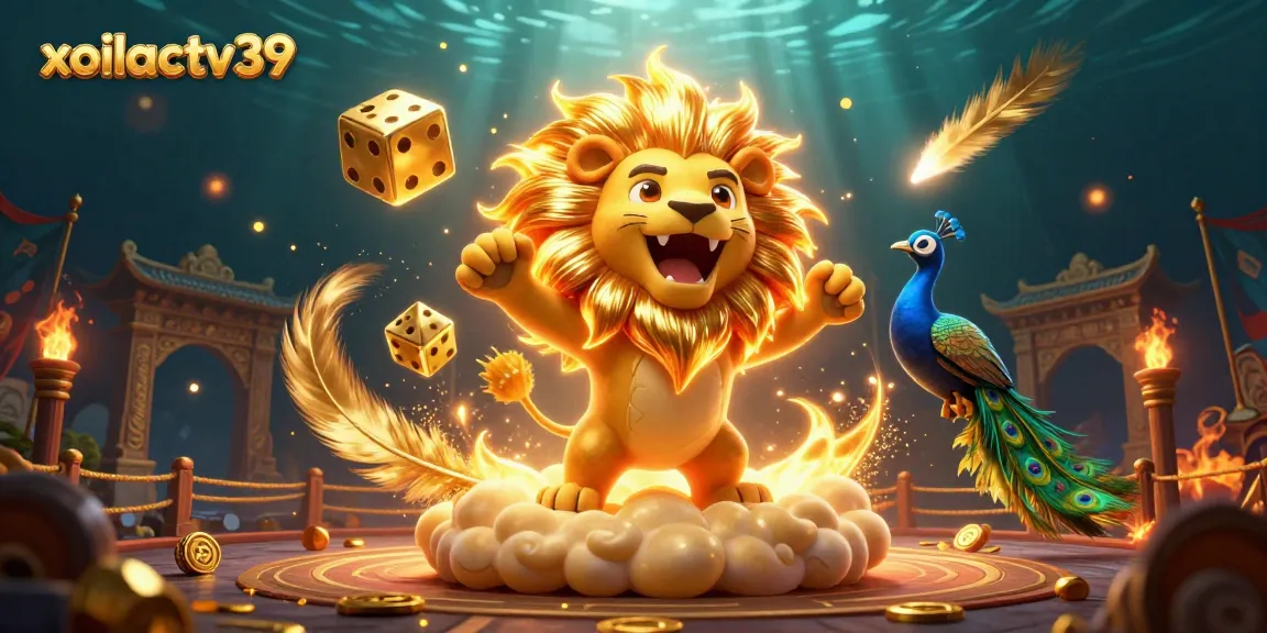 Engage with the vibrant gaming scene of xoilactv39 featuring a roaring lion and dynamic dice.