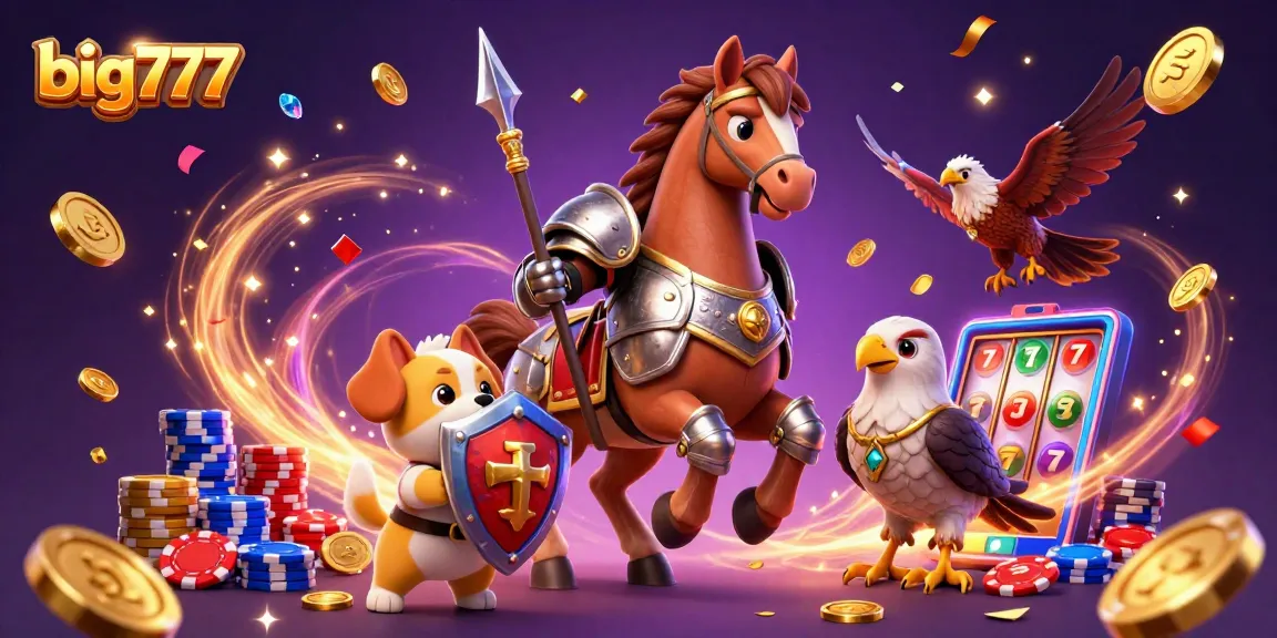 Experience thrilling wins with big777 in this vibrant casino adventure illustration featuring knights, coins, and slot machines.