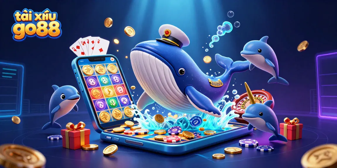 Experience the excitement of tài xỉu go88 with a vibrant 3D scene featuring whales, dolphins, and casino games.