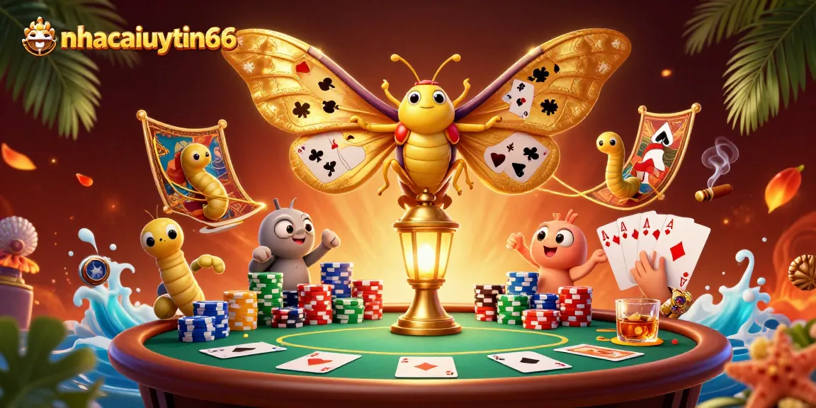 Join the action at nhacaiuytin66 with a vibrant poker scene featuring golden moths and dynamic casino elements.