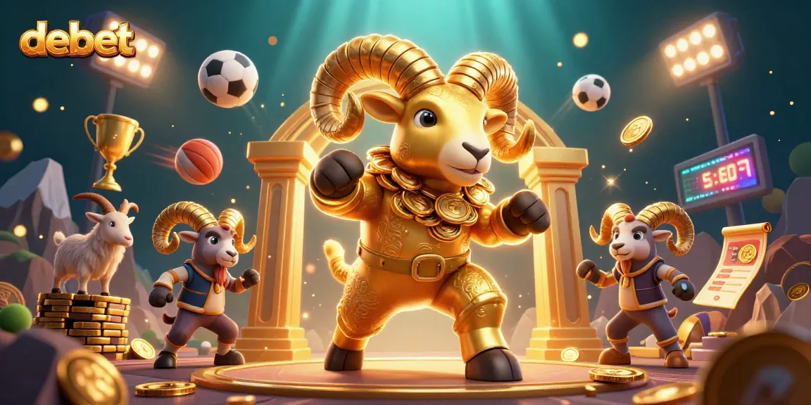 Engage with debet's thrilling sports betting scene featuring vibrant golden ram and dynamic sports elements.