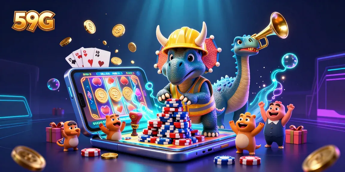 Experience the excitement of 59G with vibrant 3D characters building poker chip pyramids