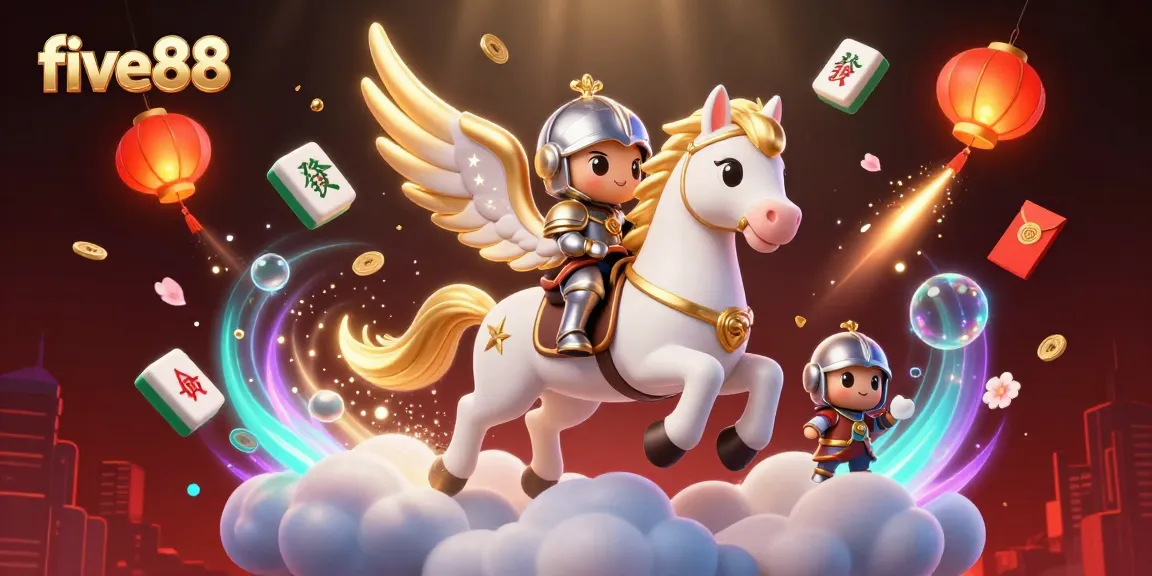 Engage with five88 in a vibrant casino scene with a heroic knight and celestial horse.