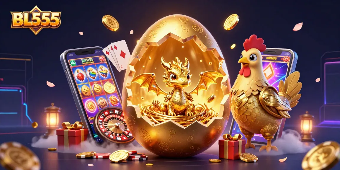 Engage with the thrilling world of BL555, showcasing a baby dragon on poker chips amidst exciting casino games.