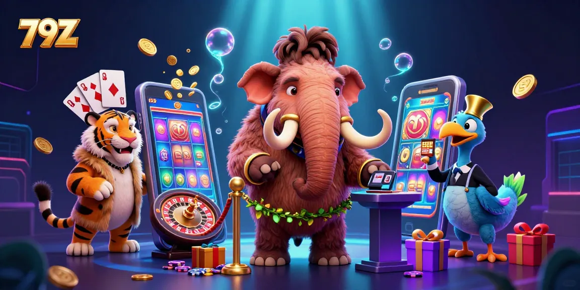 Engage with 79Z's vibrant casino scene featuring a woolly mammoth bouncer, VIP saber-tooth tiger, and dynamic gaming elements.
