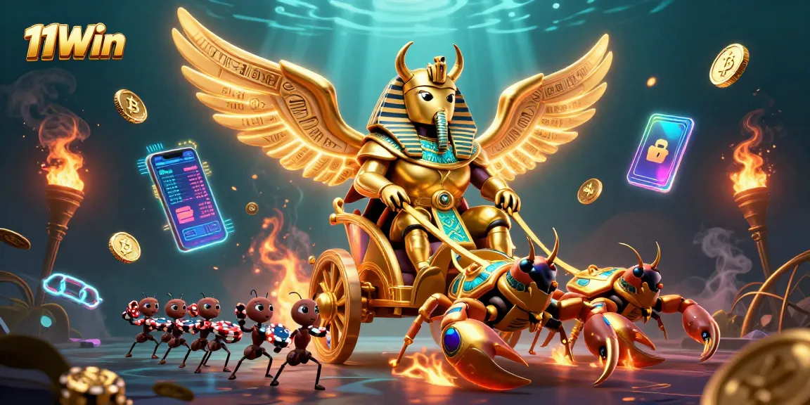 Engage with 11Win's thrilling gaming experience featuring a lively scene of gambling elements and 3D characters.