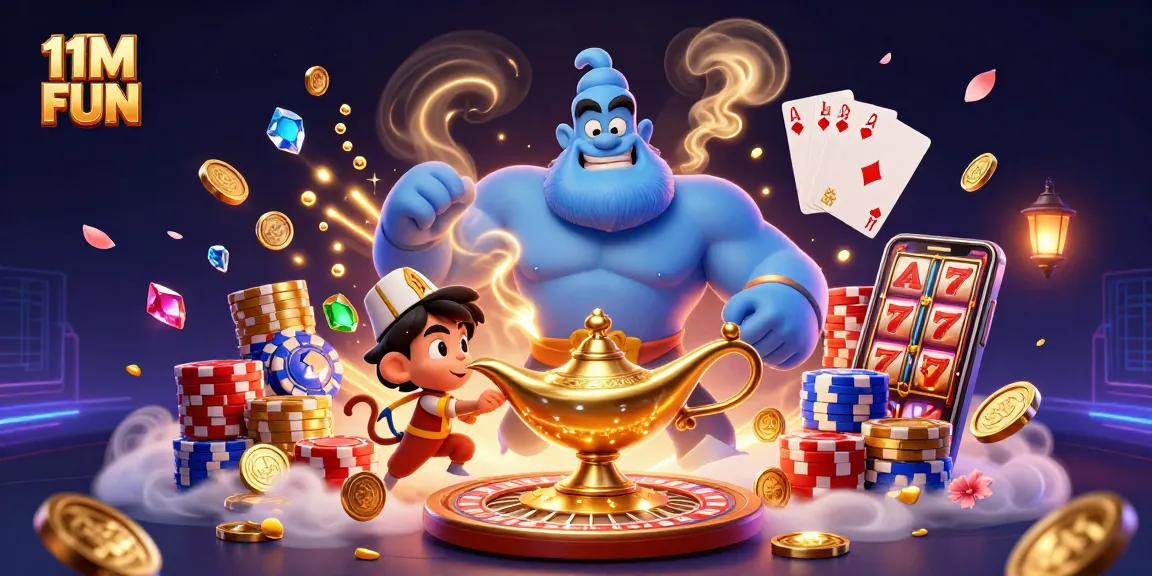 Experience thrilling gameplay with 11M FUN as a genie lifts lucky poker chips amid vibrant casino elements.