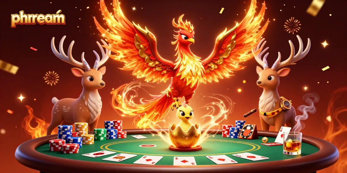 Experience the vibrant gameplay at phdream with a stunning 3D illustration blending phoenixes and poker elements.