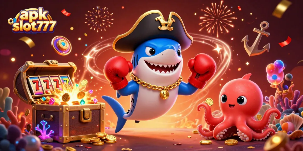 Play fun games on apk slot777, featuring a pirate shark, angry pufferfish, and octopus with treasure.
