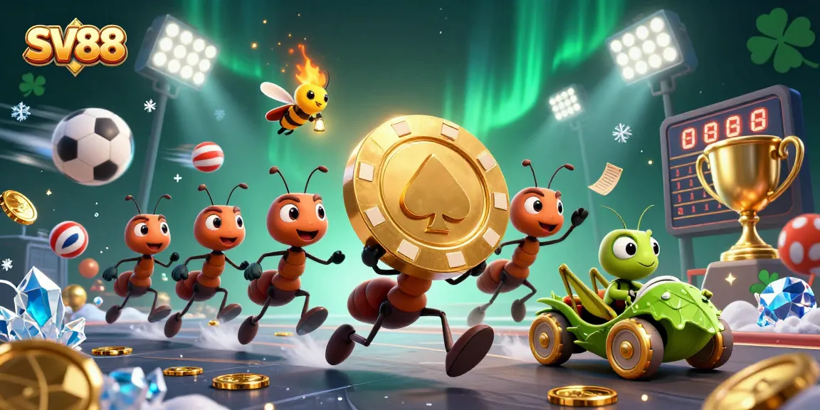 SV88 ants racing with a golden poker chip in a dynamic heist-themed casino scene.