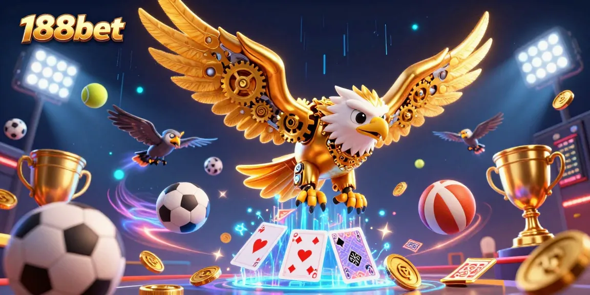 Bet on thrilling sports with 188bet’s dynamic gameplay featuring golden eagle amidst holographic cards.