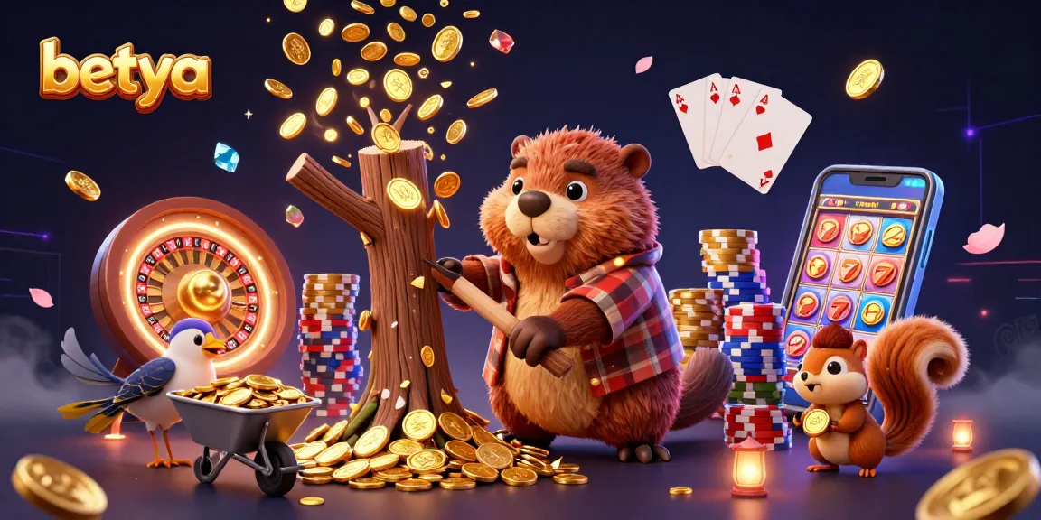 Betya's vibrant casino scene featuring a beaver collecting coins amidst slot reels and poker chips.