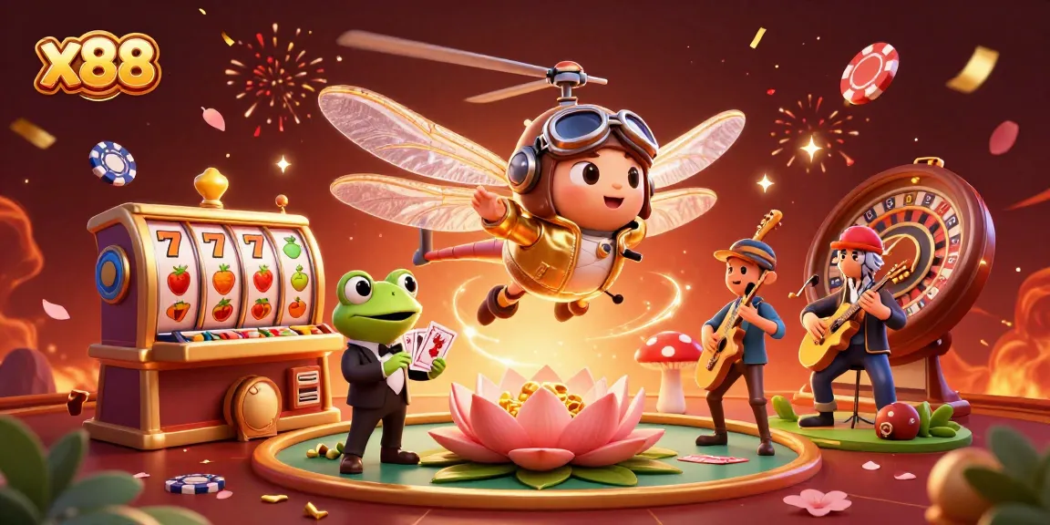 x88 turns luck into success at the lively casino with a frog croupier dealing cards.