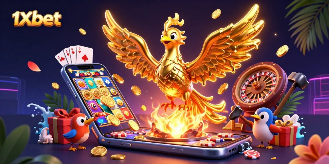 Engage with 1xbet's vibrant gaming scene featuring a molten gold phoenix and dynamic gambling elements.