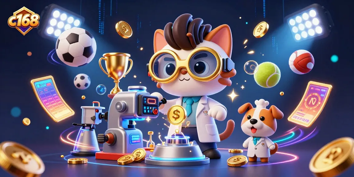 Experience thrilling gaming with c168 and a mad scientist cat in a vibrant casino scene.