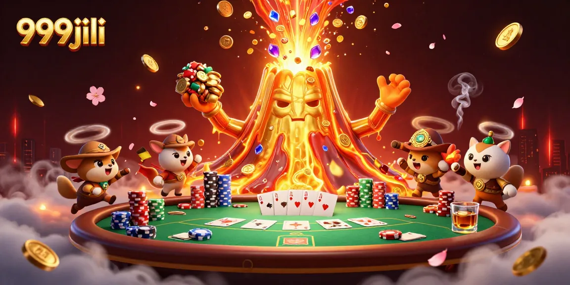 Engage with 999jili's vibrant 3D illustration of a triumphant volcano amidst a poker scene.