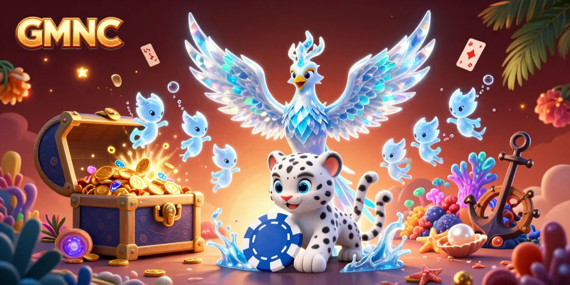 Engage with GMNC's vibrant fantasy scene featuring an ice phoenix and poker elements for winning strategies.
