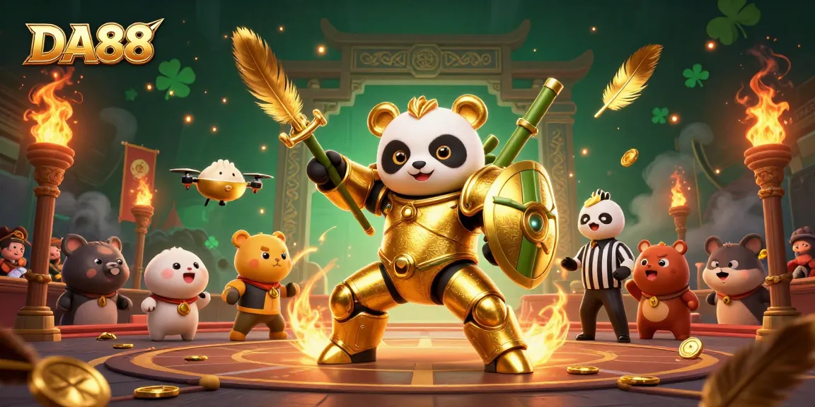 Engage in exciting gameplay with DA88 in a vibrant casino scene featuring a mech-suit panda.