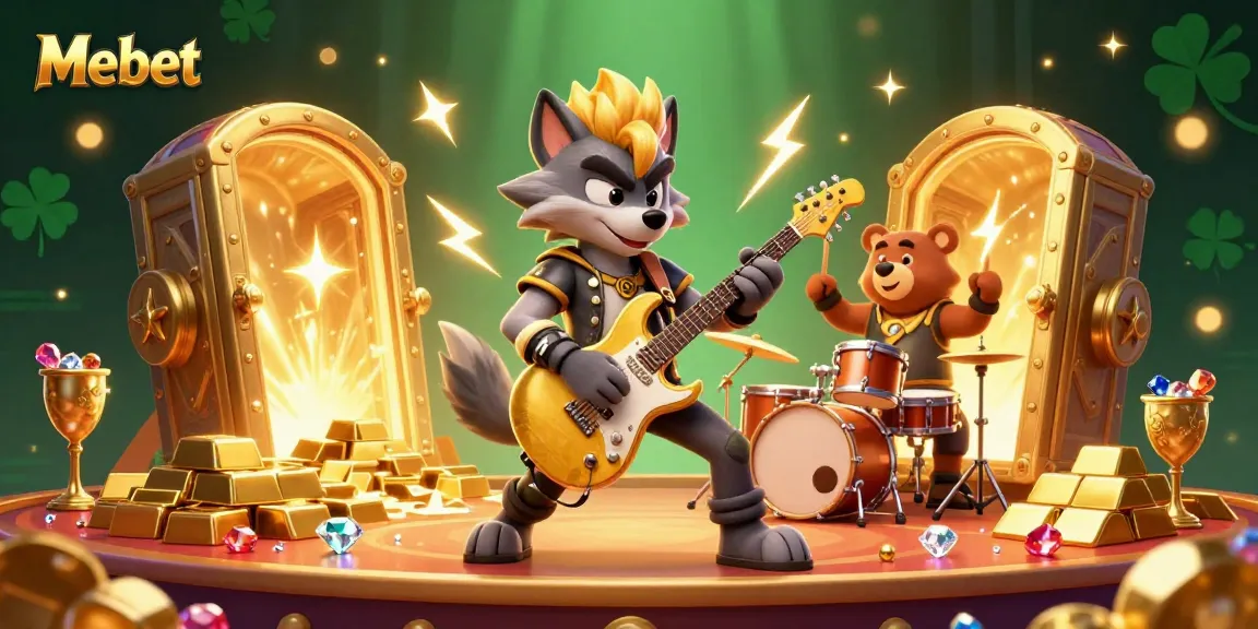 Mebet engages players with an electrifying casino scene featuring a rock star wolf and a drummer bear.
