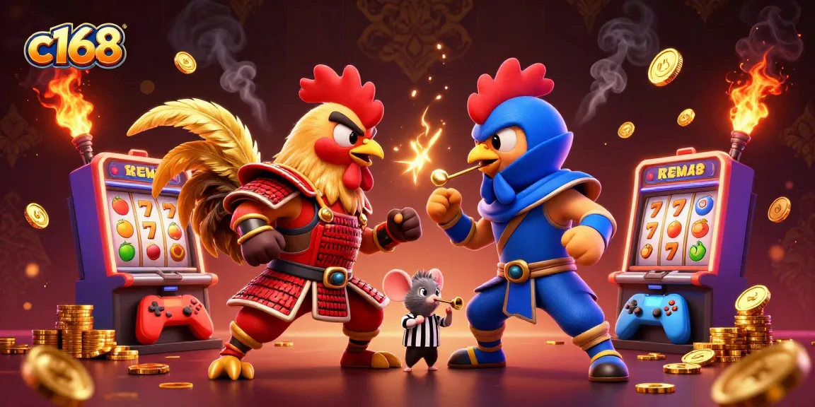 C168 showcases a vibrant 3D illustration of fierce roosters in combat, symbolizing the thrilling world of gambling.