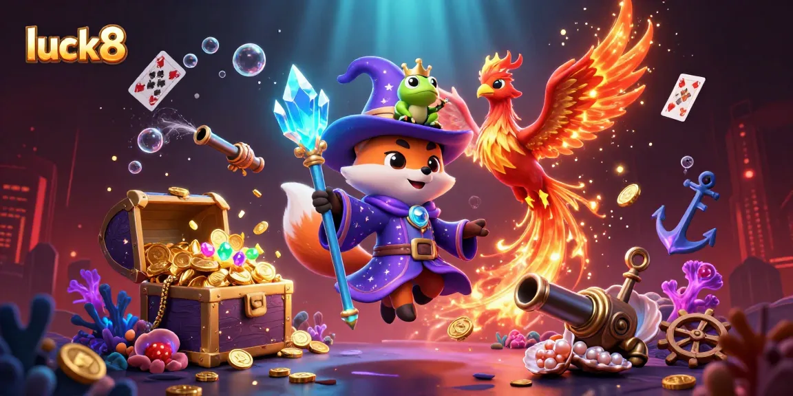 Experience the thrill of luck8 with a magical gaming scene featuring the cartoon wizard fox, phoenix, and enchanted frog.