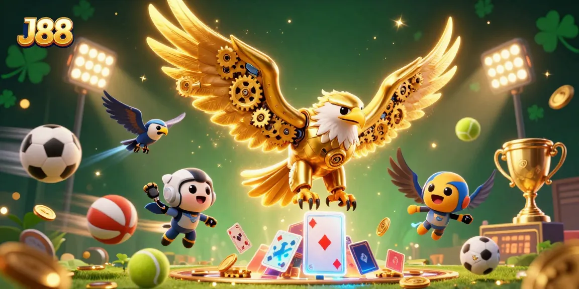 Engage with J88's exciting gambling action featuring a cybernetic eagle amid sports elements.