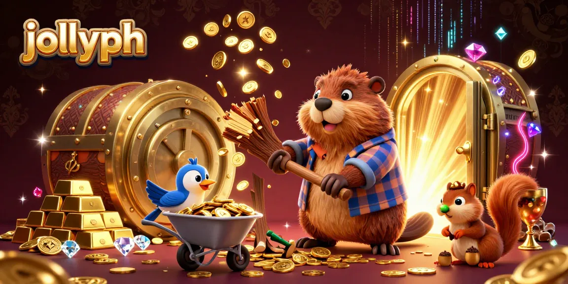Bet on fun with jollyph, a vibrant 3D illustration depicting a beaver and friends in a golden-themed casino environment.