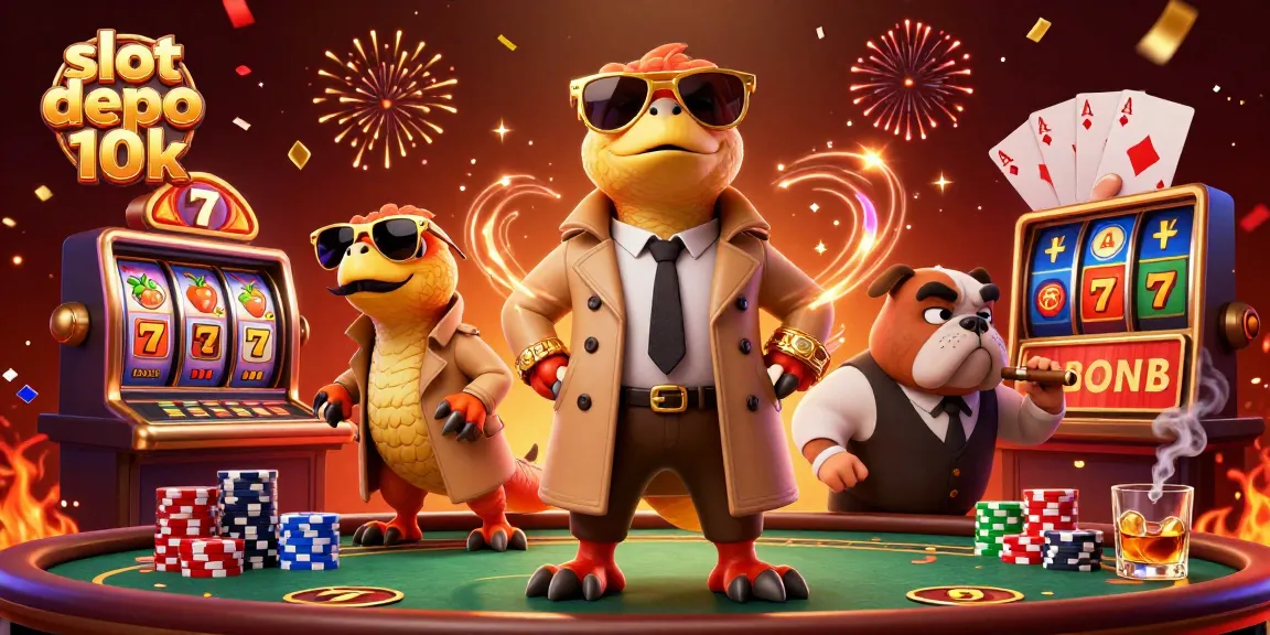 Spin and win at slot depo 10k, featuring raptors in disguise entering a casino lounge.