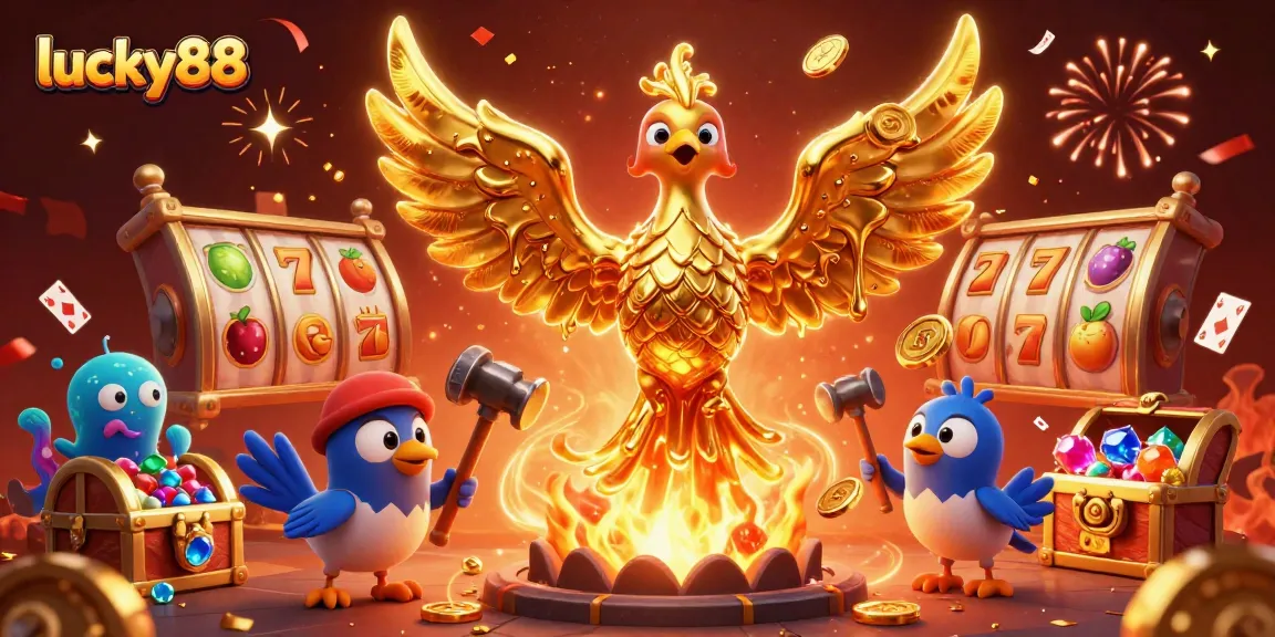 Engage with lucky88's thrilling casino adventure, capturing a golden phoenix amidst vibrant gaming elements.