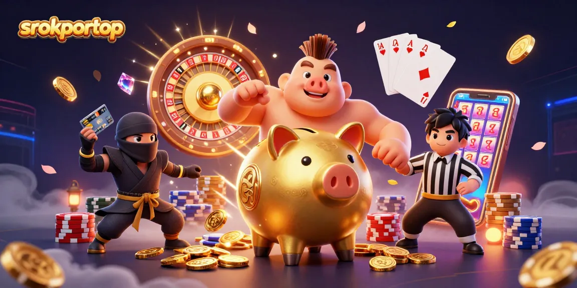 Srokportop showcases a vibrant casino battle with a piggy bank sumo wrestler, wallet ninja, and credit card samurai amidst golden coins.