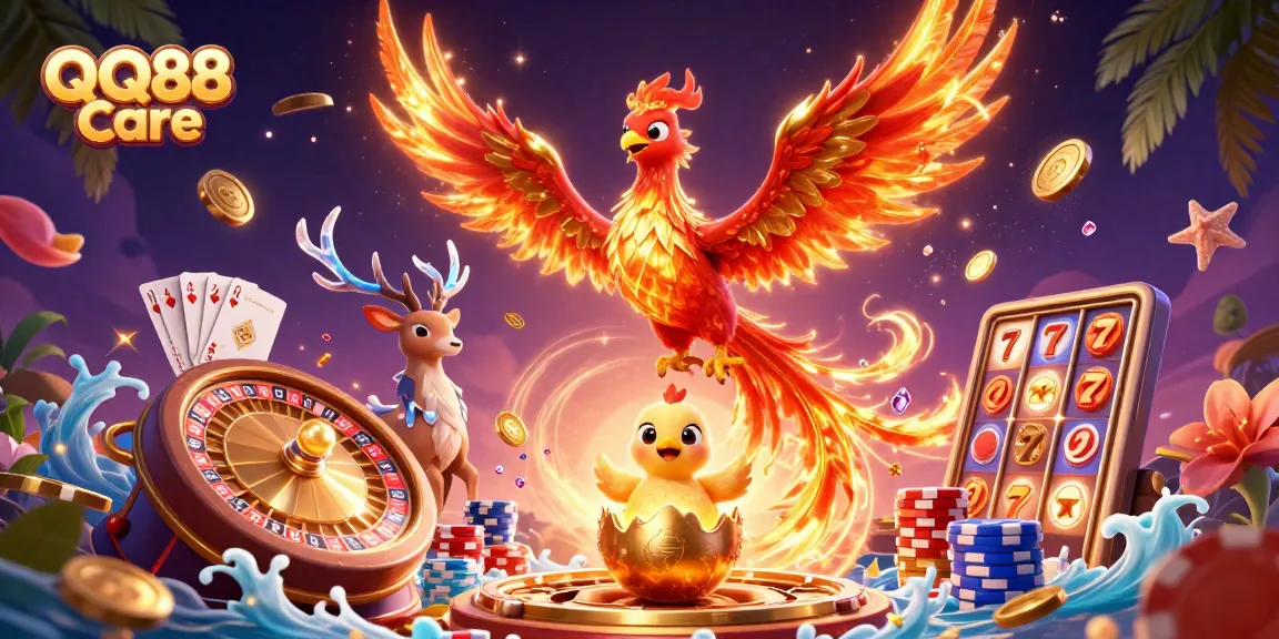 Experience the magic of QQ88 Care with vibrant phoenix imagery and dynamic casino elements.