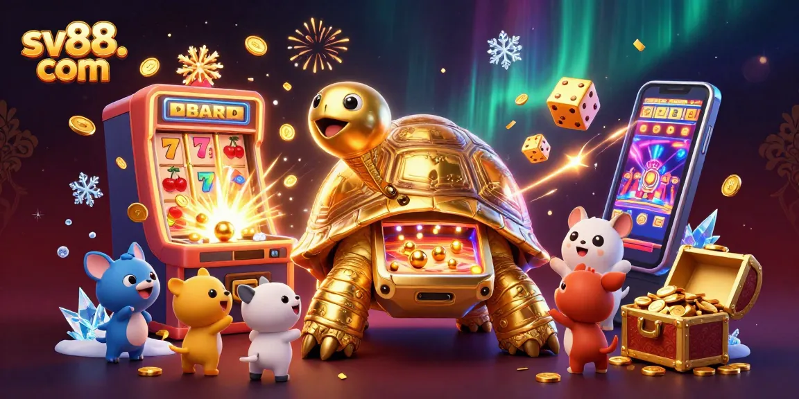 Experience thrilling gaming at sv88. com with an exciting jackpot scene featuring a golden tortoise pinball machine and fun casino elements.
