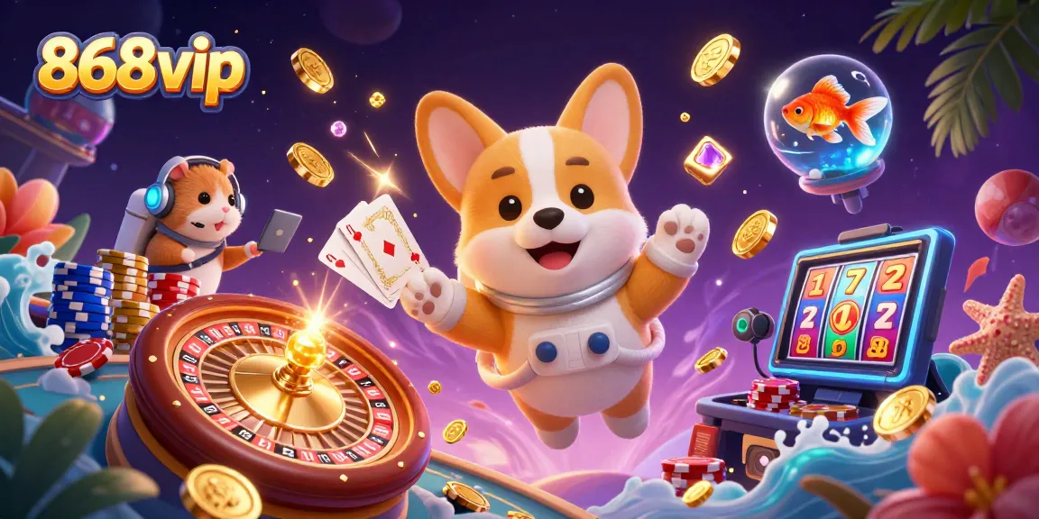 Engage in fun at 868vip’s space-themed casino with a cartoon corgi amid floating gold coins and vibrant game elements.